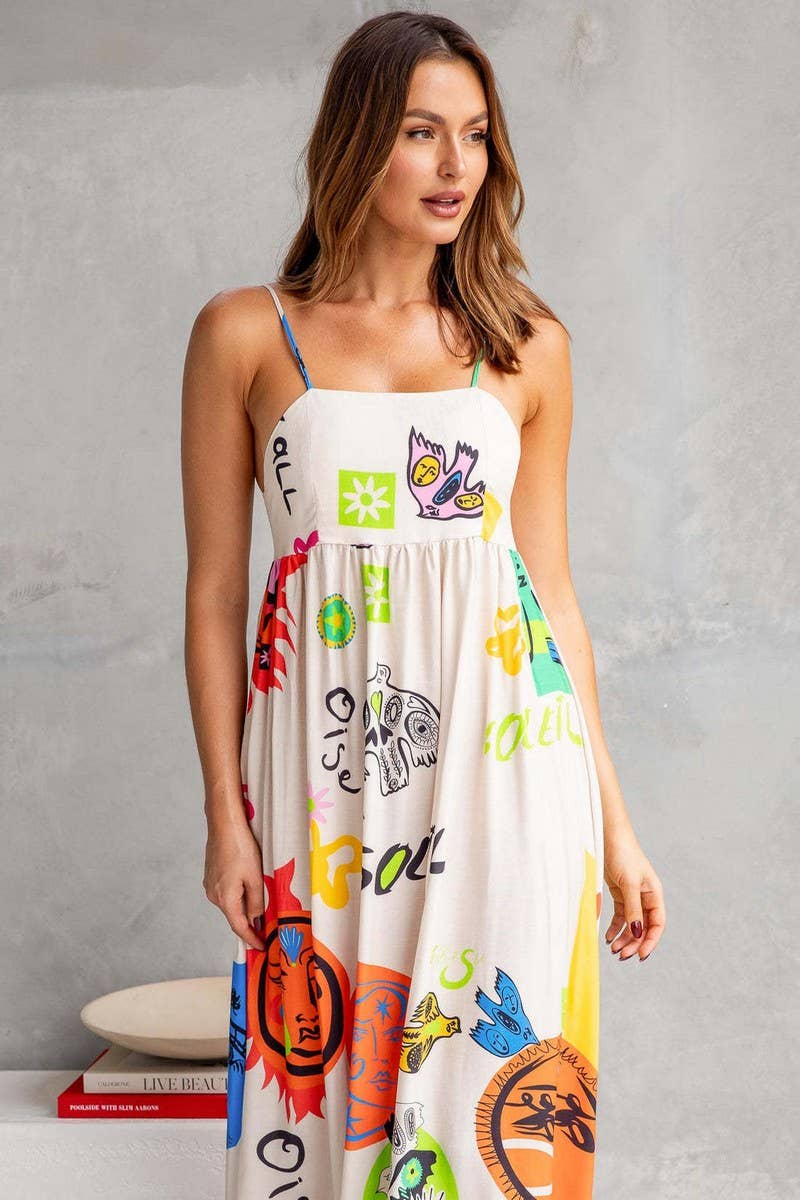 CWDMD3030_PRINTED SUSPENDER DRESS WITH WIDE SWING