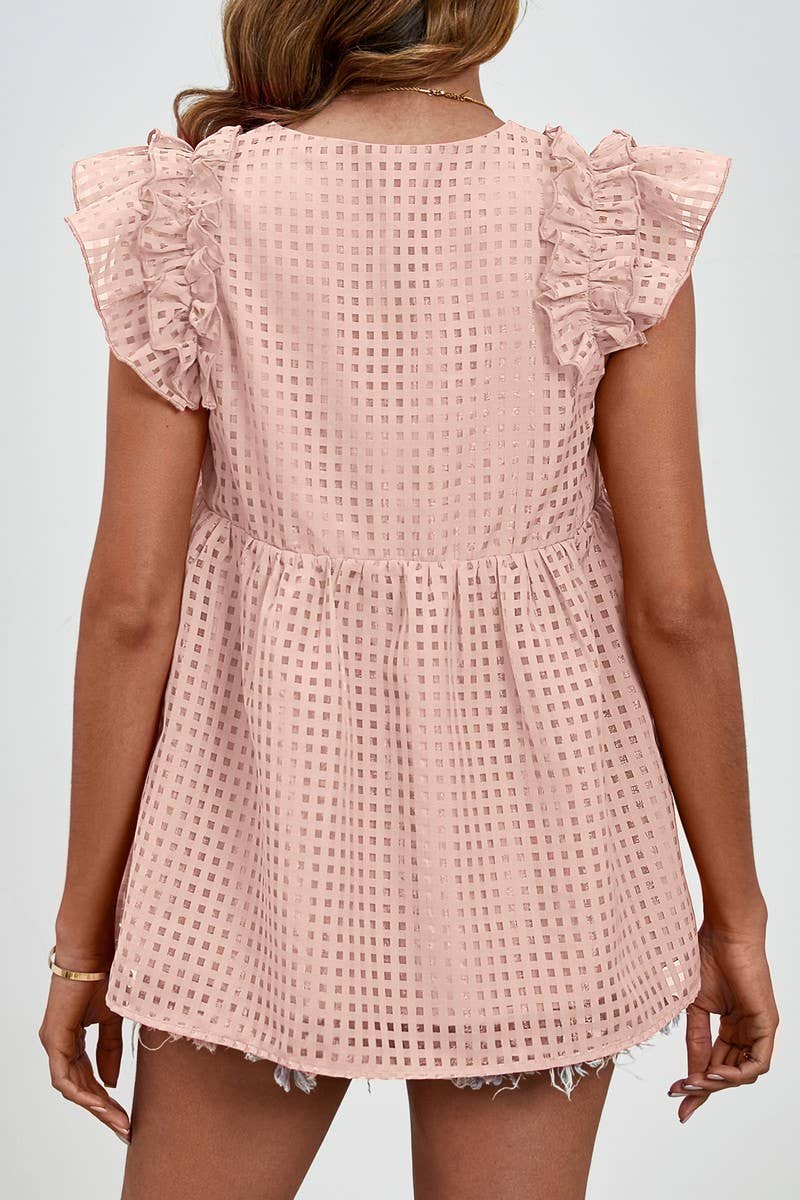 CWTBLSL0704_V-NECK RUFFLE SLEEVES SEMI-SHEER PLAID TOP
