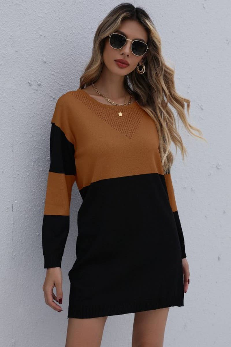 CWDSD7051_ROUND NECK LOOSE KNITTED PATCHWORK SWEATER DRESS