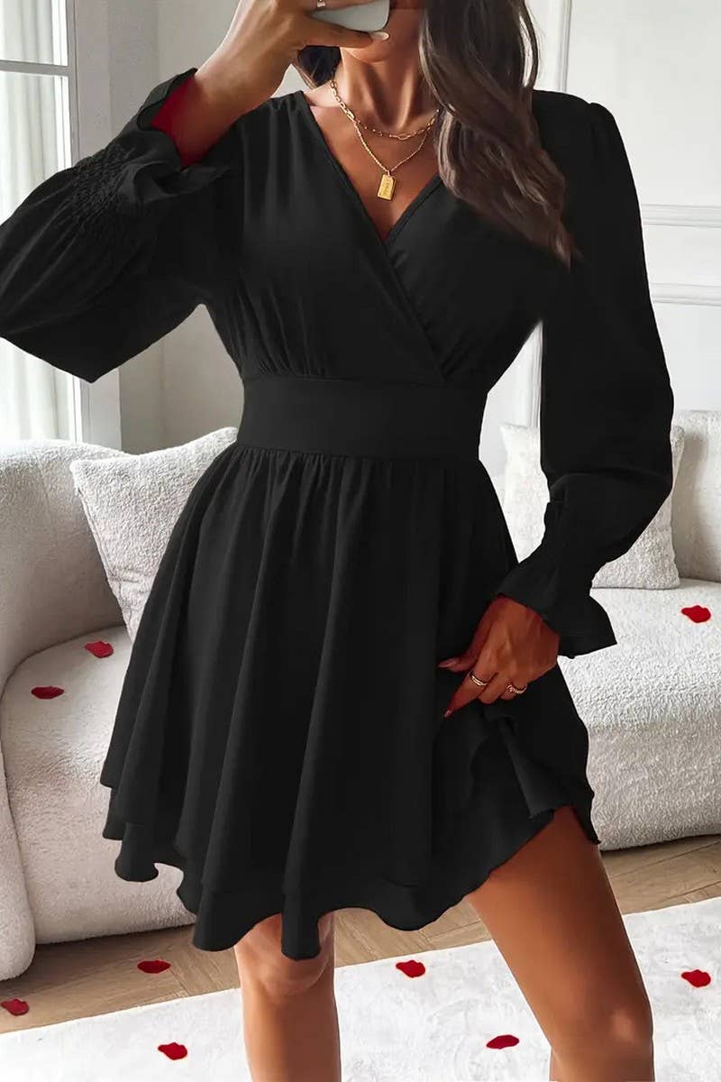 CWDSD8566_SOLID DOUBLE LAYER HEM V-NECK WAIST DRESS