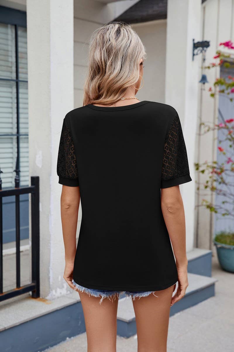 CWTBLS1738_SOLID COLOR V-NECK SHORT-SLEEVED T-SHIRT TOP