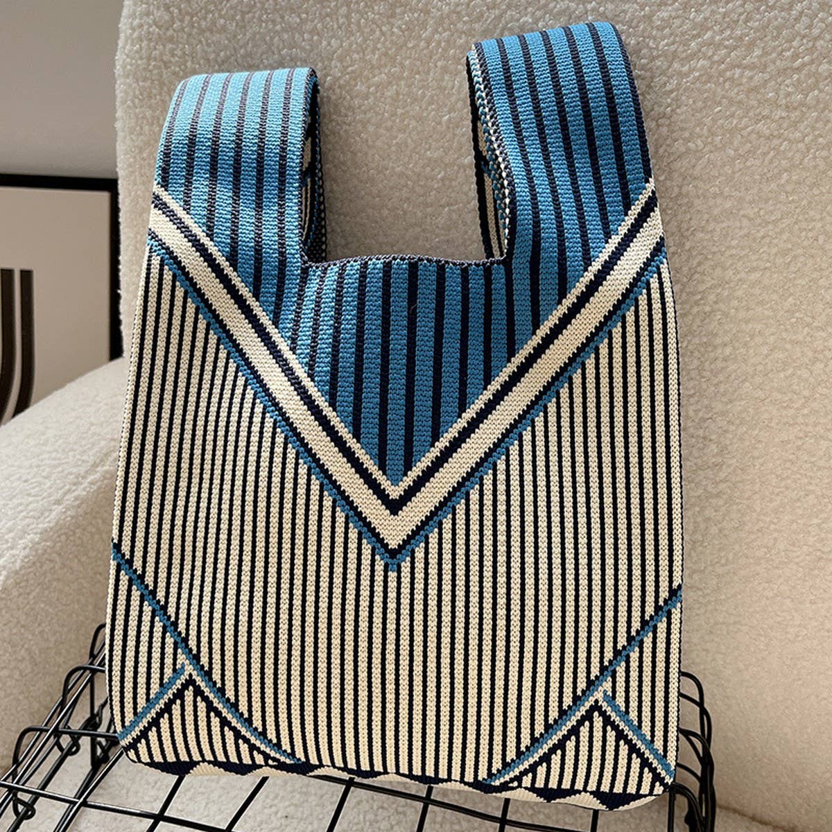 CUAB00621_TEXTURED KNIT TOTE BAG WOMEN¡¯S STRIPED HANDBAG