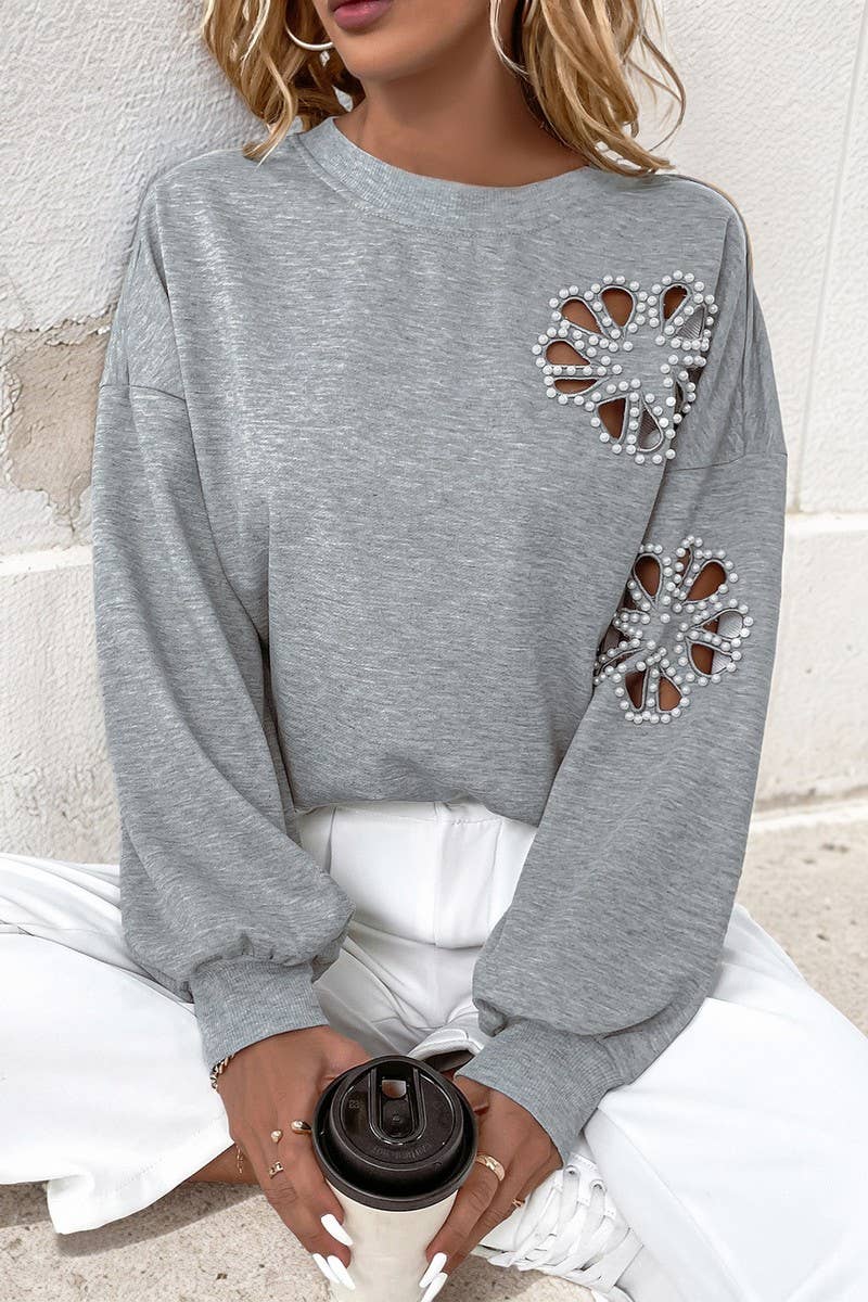 CWTBLL2319_BEADED ROUND NECK HOLLOW PULLOVER SWEATSHIRT