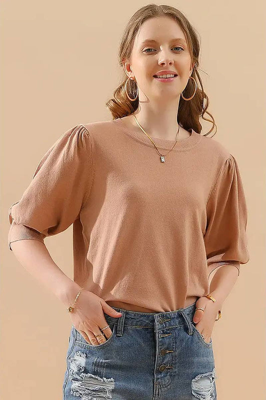 CWTTS1310_SPRING AND SUMMER ROUND NECK PLEATED SWEATER