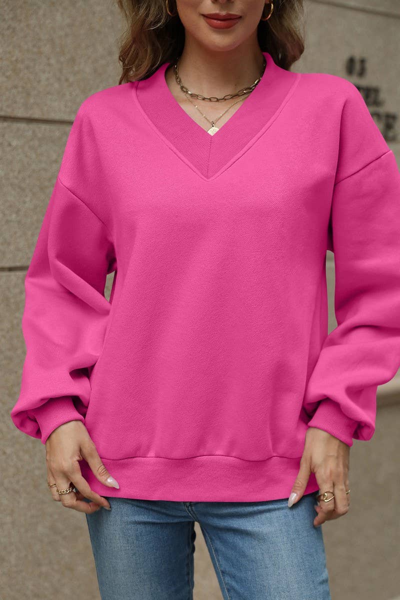 CWTBLL4011_SOLID V-NECK FLEECE LINED LOOSE FIT SWEATSHIRT