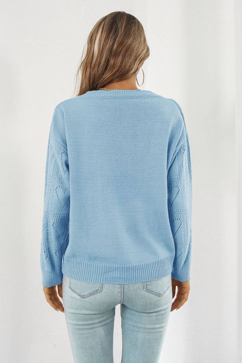 CWOSWL3968_V-NECK HOLLOW HEART PLAID KNITTED SWEATER