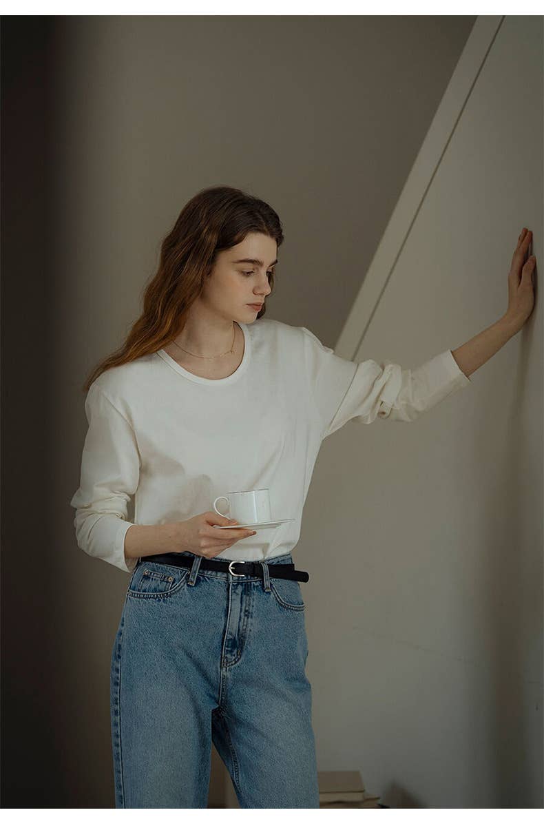 Cotton round-neck off-the-shoulder sleeve shirt