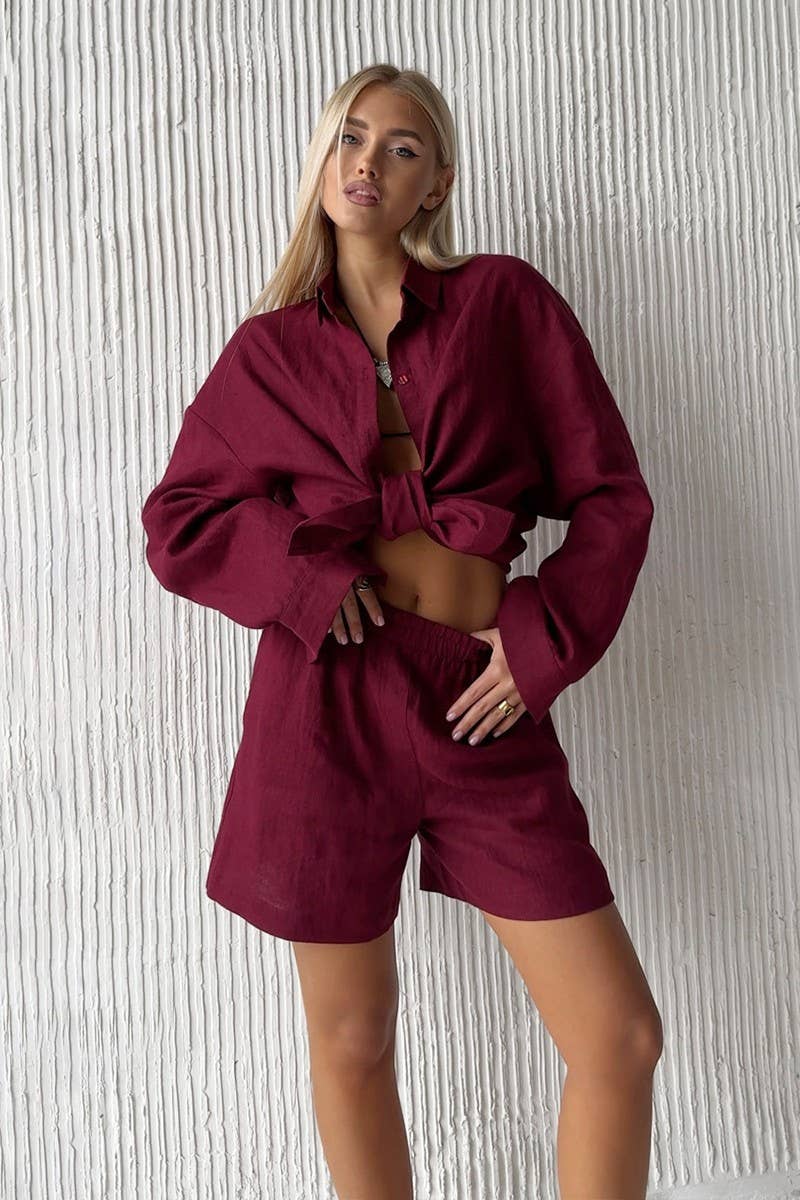 CWSTB00383_COTTON CARDIGAN LONG SLEEVE SHORTS SET
