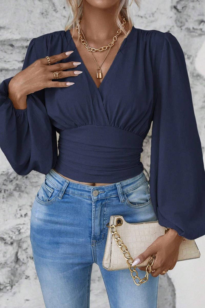 CWTTL2007_SPRING AND AUTUMN FASHION WAIST V-NECK TOP