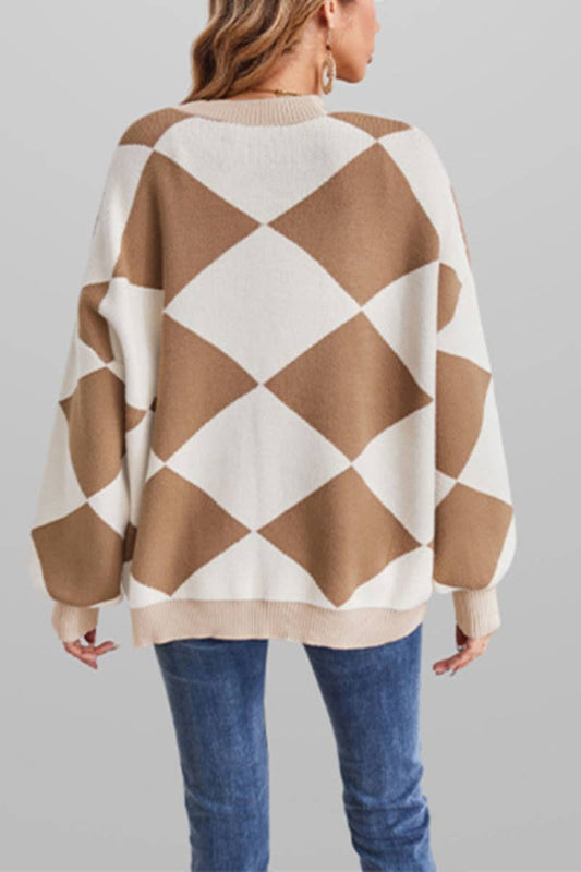 CWOCAL1814_V-NECK LOZENGE LONG SLEEVE CARDIGAN