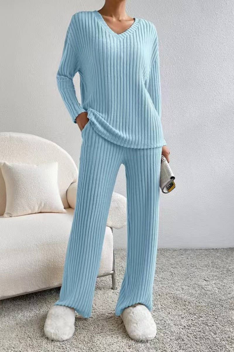 CWSTB1609_V-NECK RIBBED TOP AND PANTS KNITTED SUIT