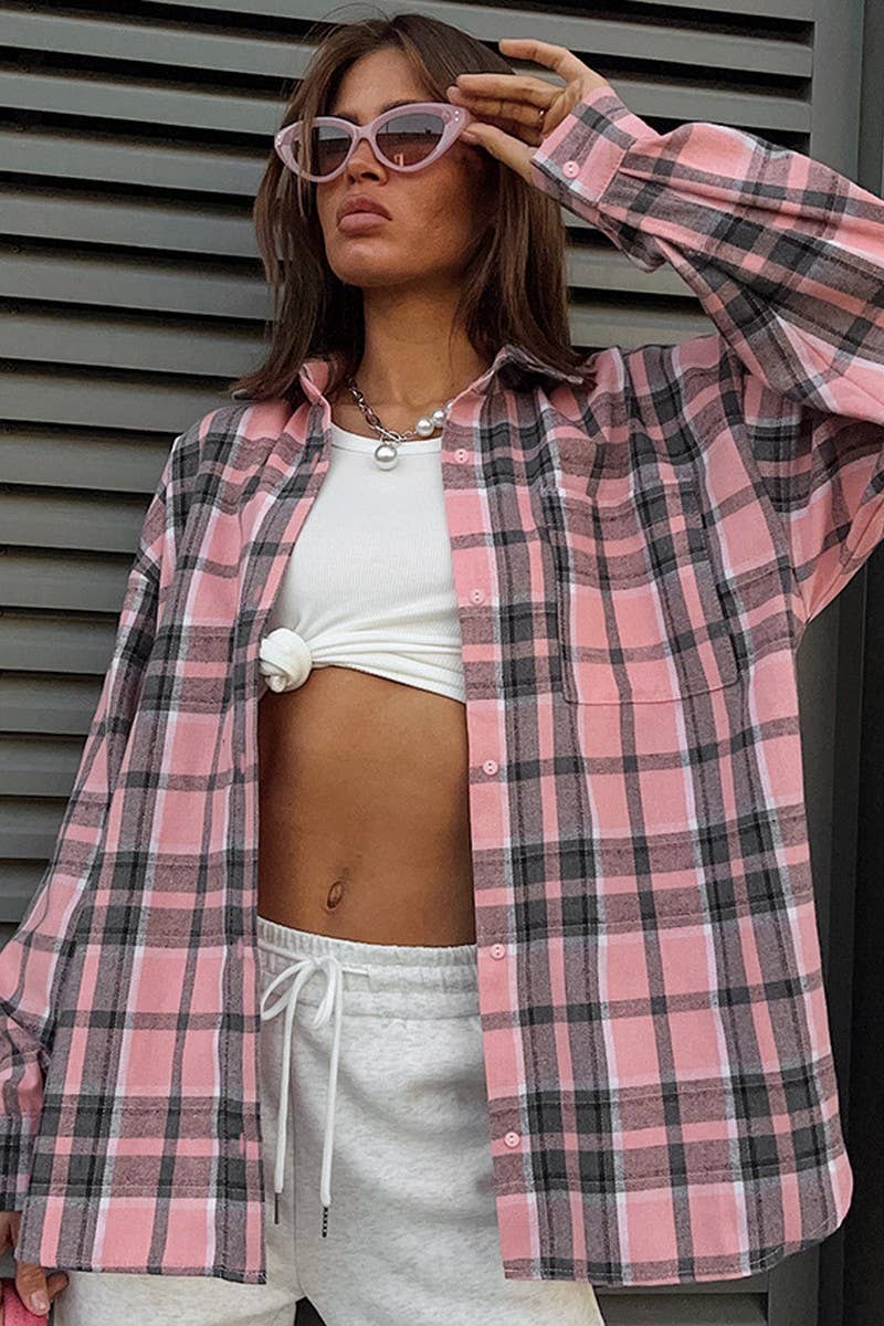CWTBLL00629_PINK GIRLISH PLAID LOOSE LONG-SLEEVED SHIRT