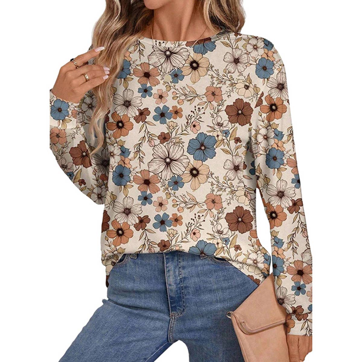 CASUAL FLORAL PRINT CREW-NECK PULLOVER HOODIE