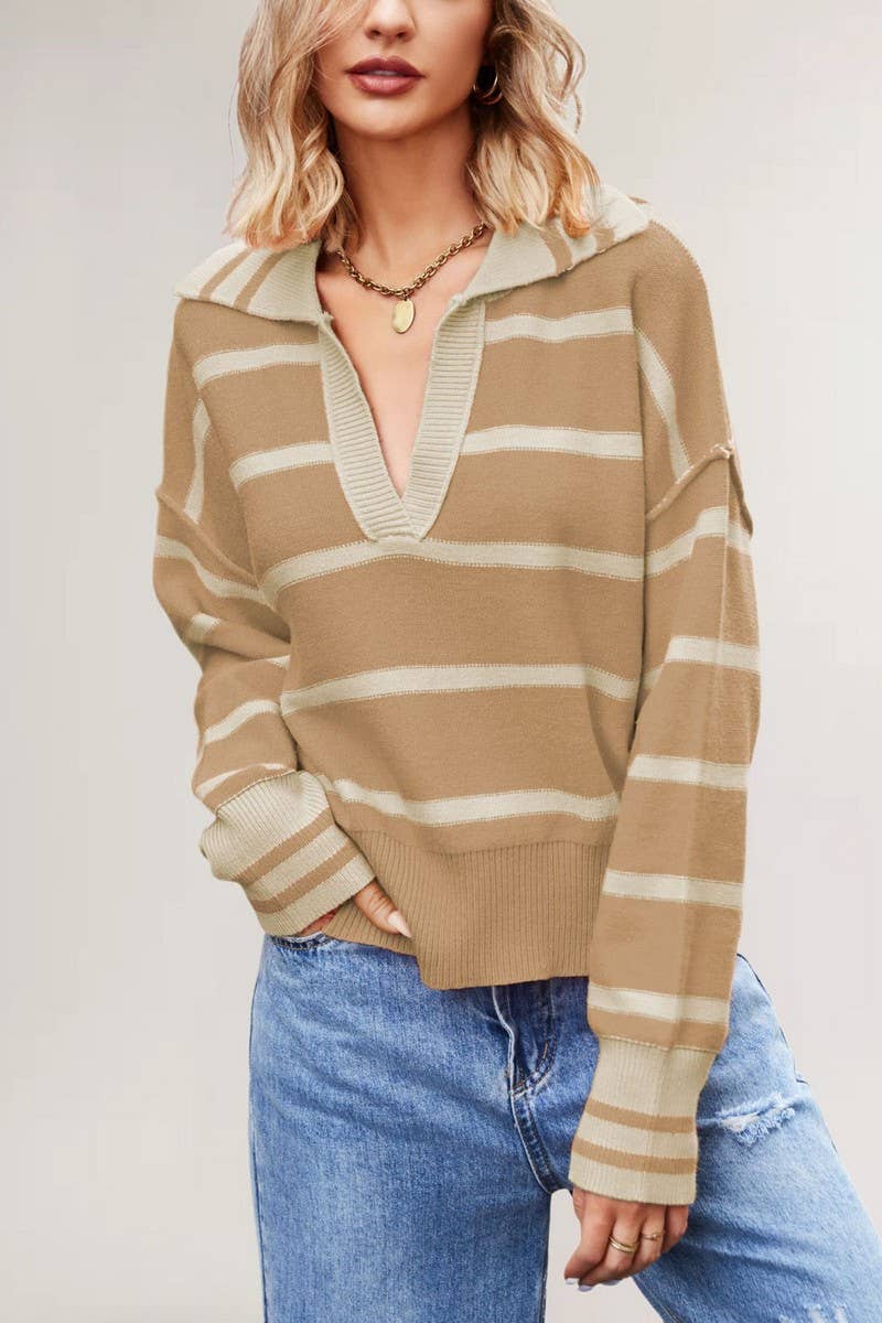 CWOSWL6849_V-NECK STRIPED CONTRAST COLOR LOOSE SWEATER