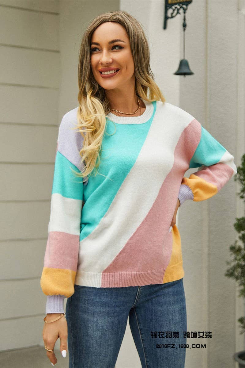 CWOSWL3145_STRIPED CONTRAST PANEL CREW NECK KNITTED SWEATER