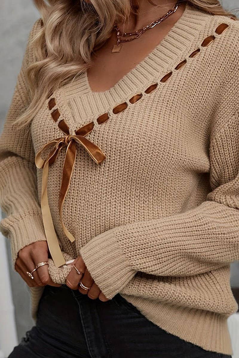 CWOSWL5804_V-NECK BOW LOOSE PULLOVER KNIT TOP