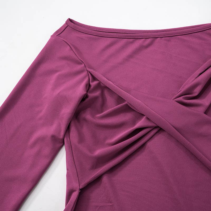 DIAGONAL NECK CROSS PLEATED SOLID COLOR TIGHT TOP