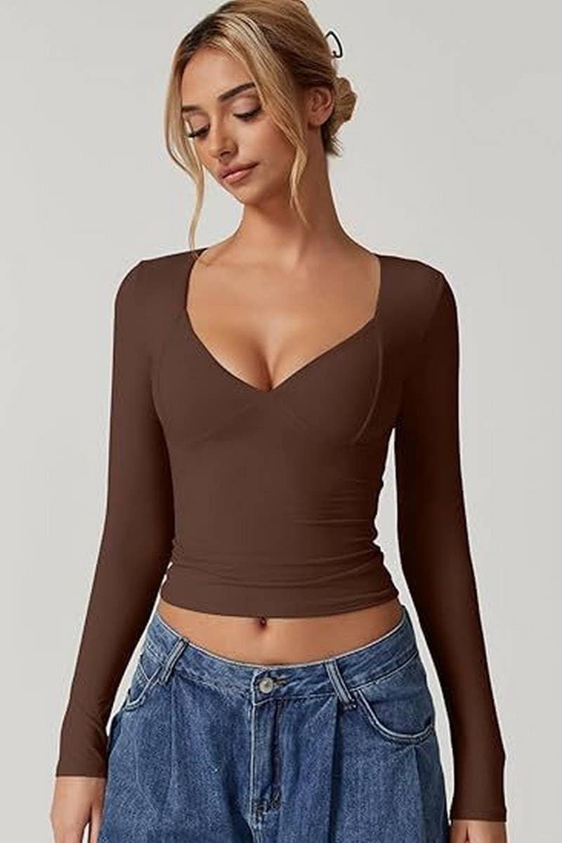 CWTBLL01152_SEXY DEEP V NECK LONG SLEEVE SLIM TEE