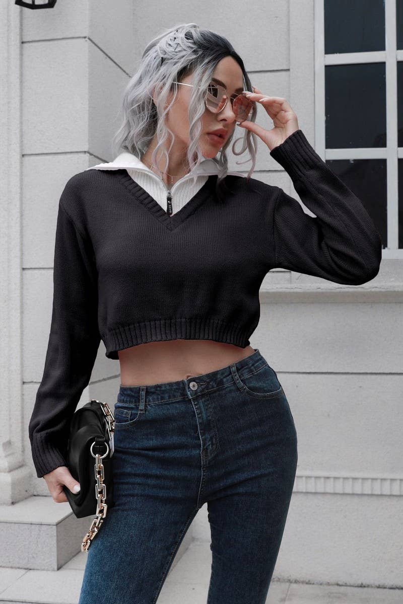 CWOSWL6858_ZIPPERED LAPEL COLORBLOCK CROPPED SWEATER