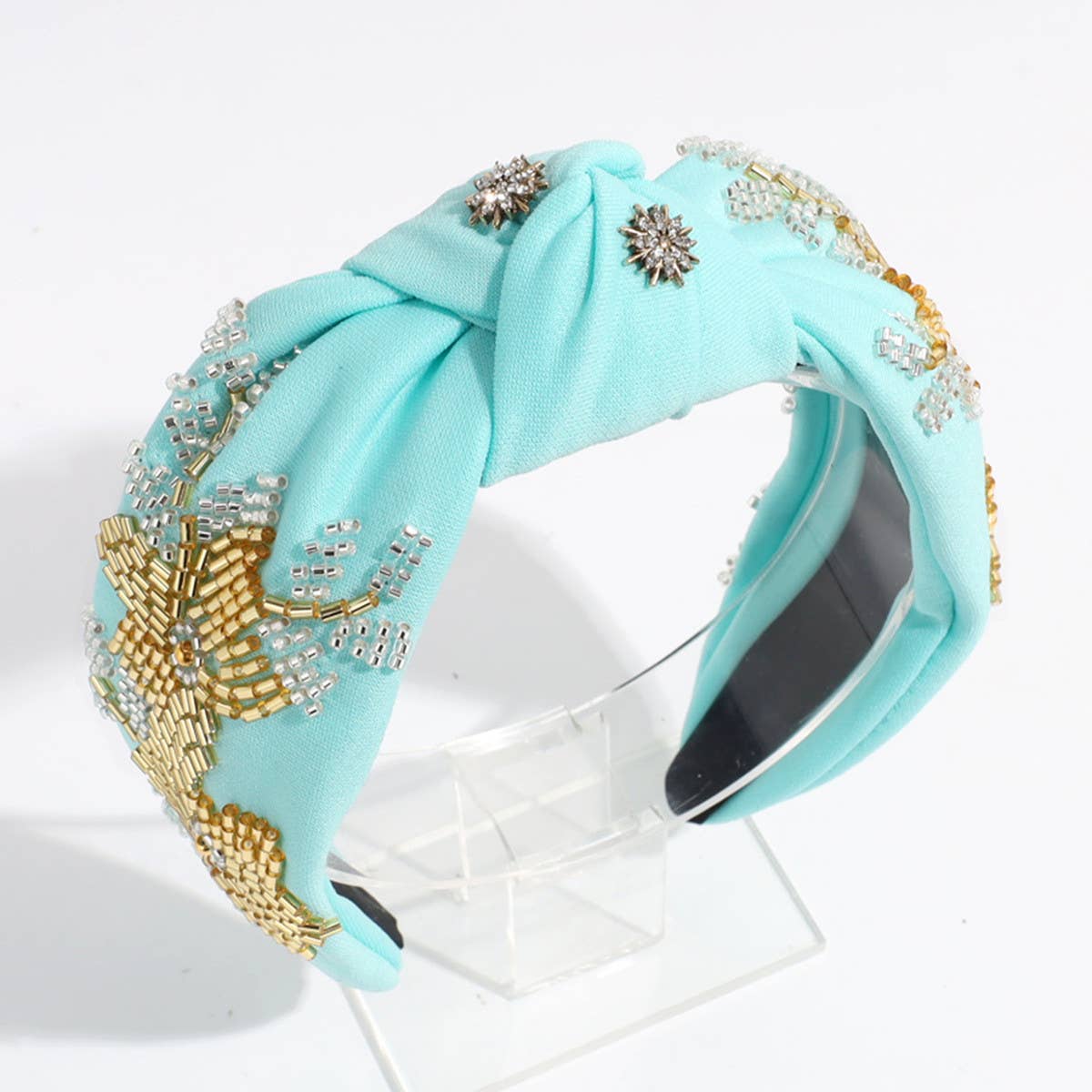 RHINESTONE RICE BEADS KNOTTED WIDE BRIM HEADBAND