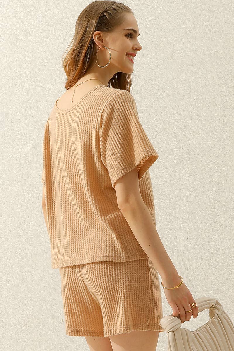 CWSTB274_SOLID WAFFLE KNIT TEE TOP & DRAWSTRING WAIST SHORTS