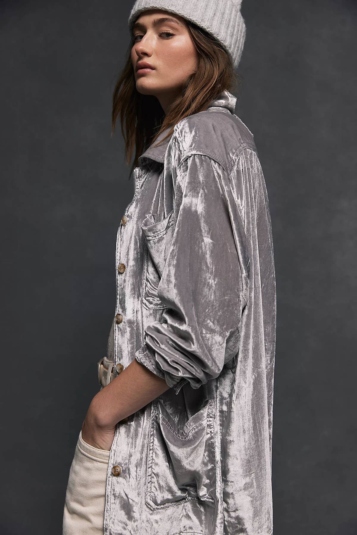BUTTON-POCKET LOOSE VELVET LONG-SLEEVED SHIRT
