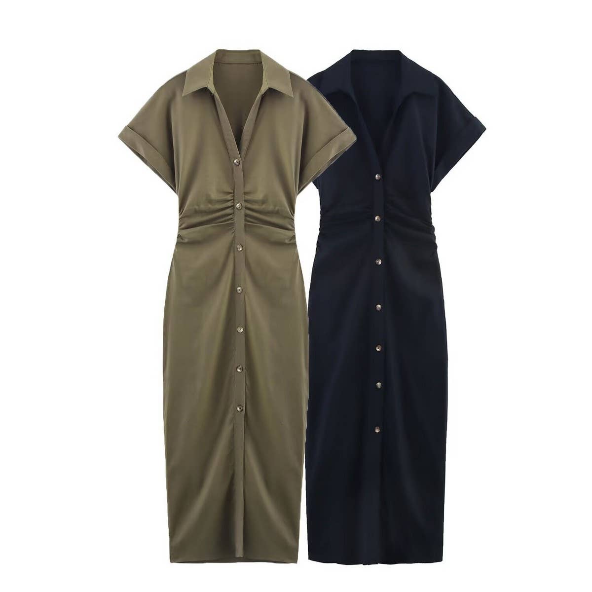 Linen Collared Short Sleeve Midi Dress for Women