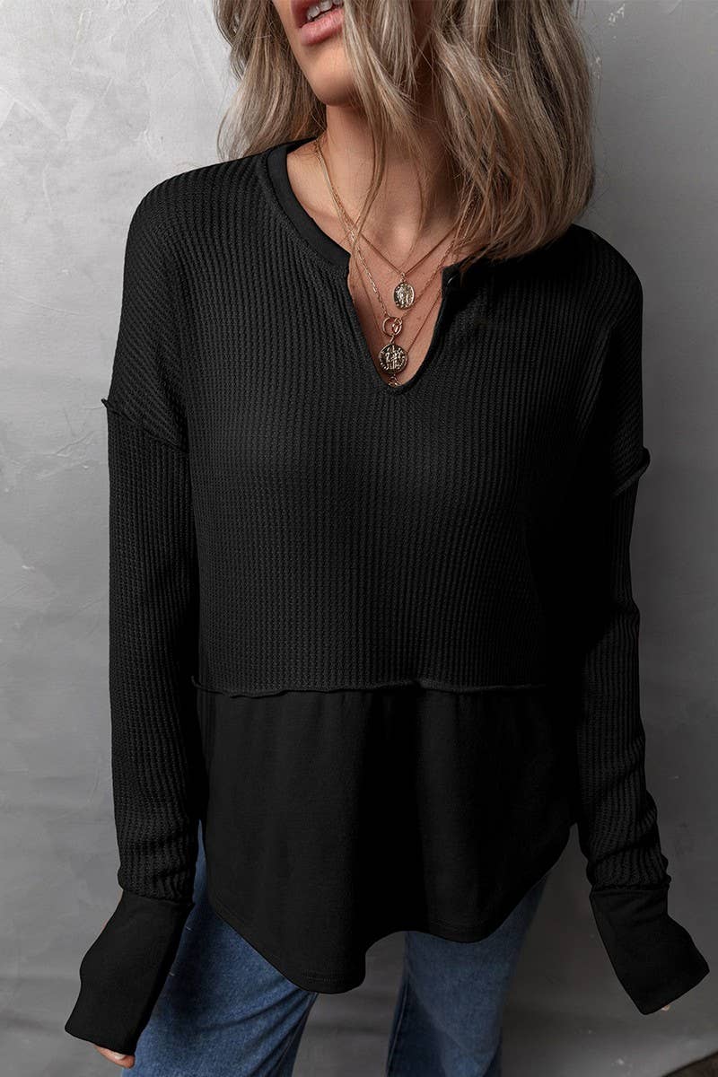 CWTBLL2422_SOLID COLOR PATCHWORK LONGSLEEVE LOOSE SWEATSHIRT