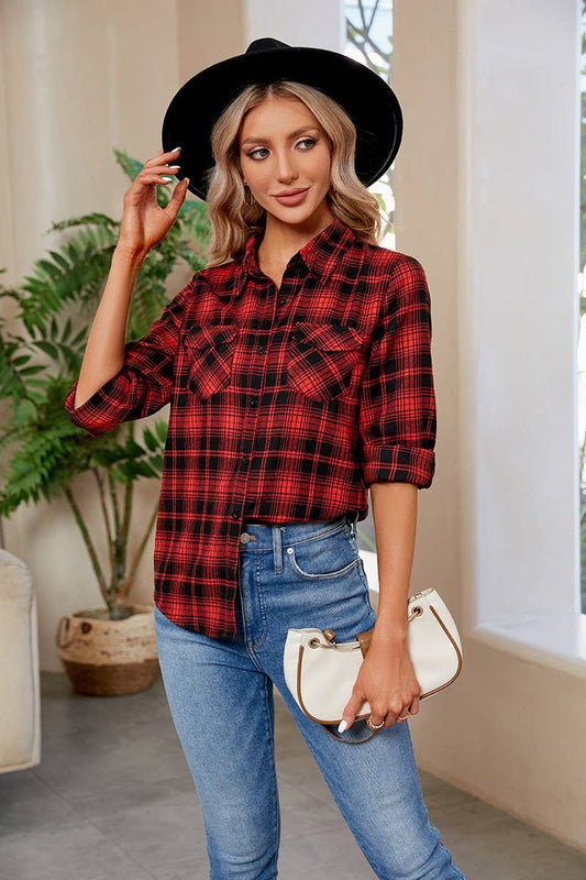 CWTBLL3628_NEW WOMEN'S SUEDE BUTTON-DOWN PLAID SHIRT