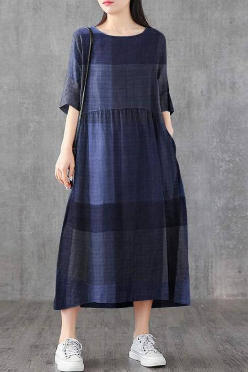 CWDMD3275_MUSLIM LOOSE PLAID PULLOVER DRESS