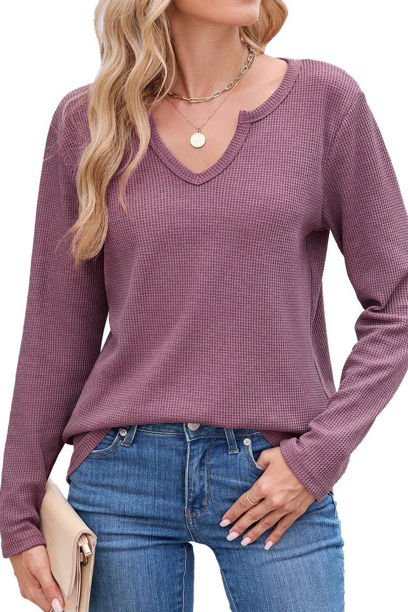 CWTBLL01294_V-NECK WAFFLE LONG-SLEEVED LOOSE T-SHIRT TOP