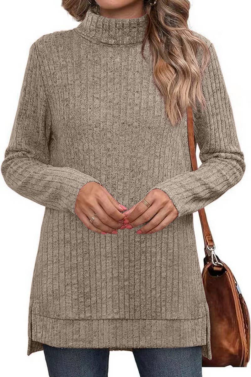 CWTBLL3684_AUTUMN AND WINTER SOLID COLOR HIGH COLLAR LOOSE T