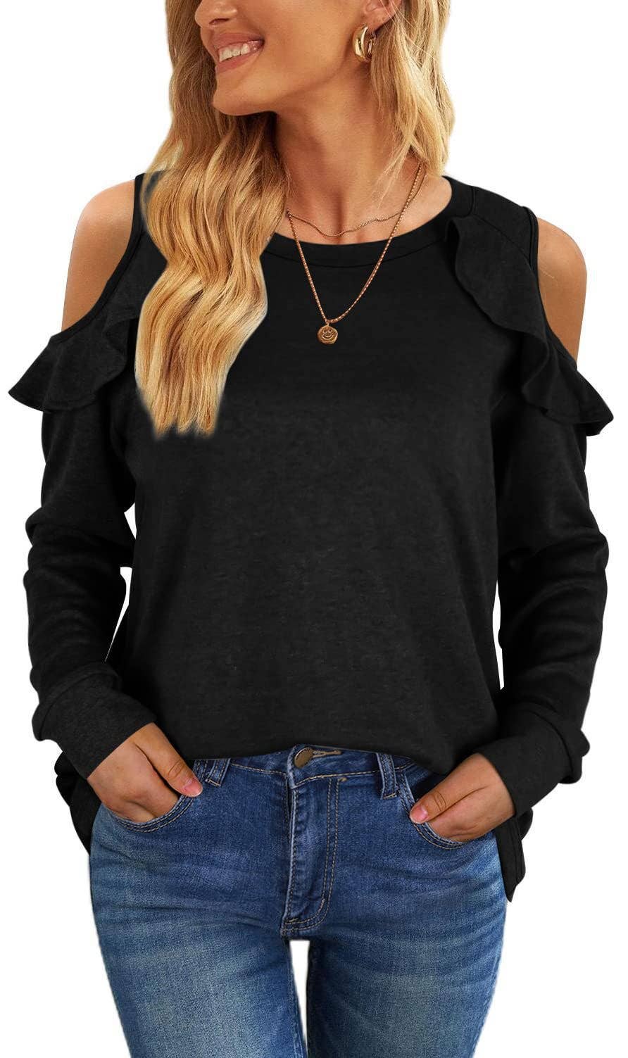 CREW-NECK, OFF-SHOULDER, RUFFLED CASUAL SWEATER