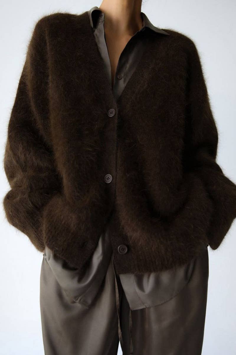 CWOCAL1100_KNITTED MINK LONG-SLEEVED V-NECK CARDIGAN