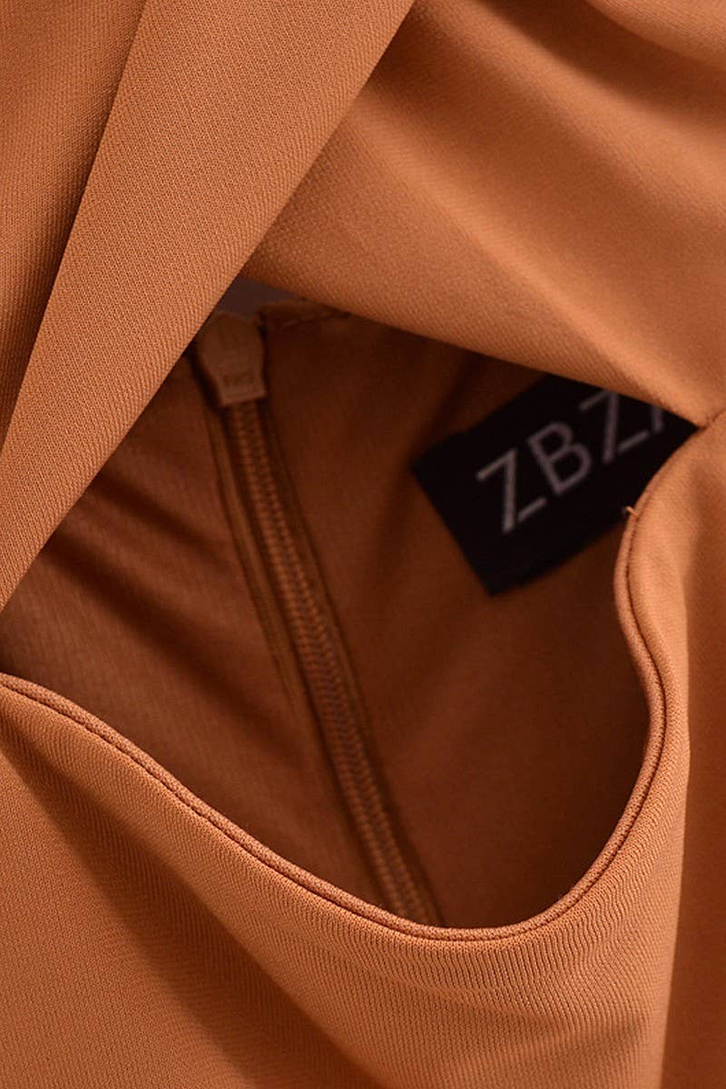 CWDMD4192_SOLID COLOR PLEATED HOLLOW BACKLESS DRESS