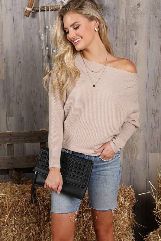 CWOSWL1835_SOFT ONE SIDE OFF SHOULDER SWEATER RIB TOP