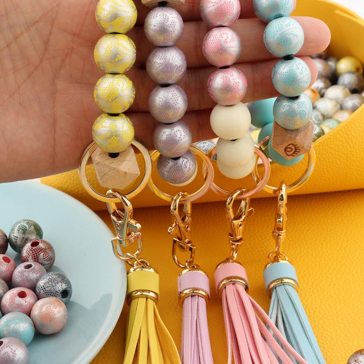 Printed Wood Bead Bracelet Keychain with Tassel_CWMM7025