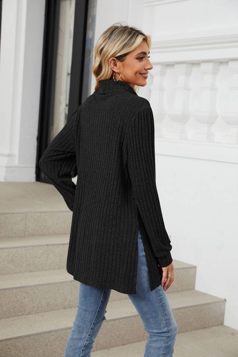 CWTBLL2363_SOLID COLOR HALF TURTLENECK SLIT POCKET TOP