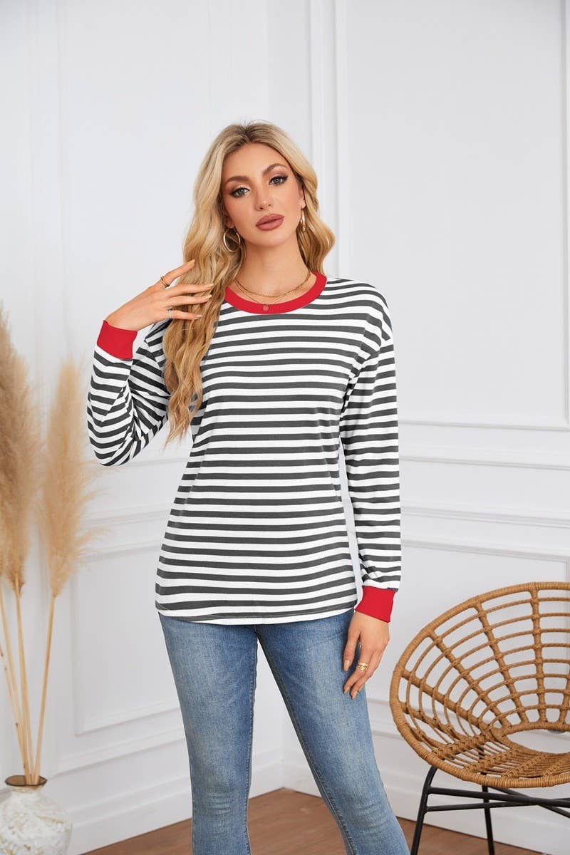 CWTBLL4109_STRIPED ROUND NECK LONG SLEEVE CASUAL TOP