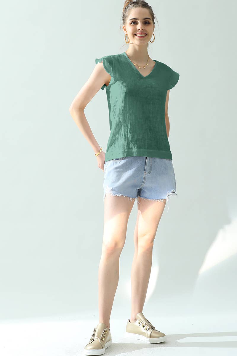 CWTTS688_V NECK BUTTERFLY RUFFLE TUNIC TOP