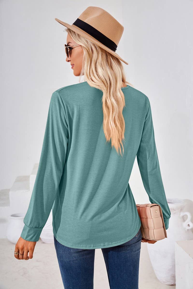 CWTBLL2409_SOLID COLOR SQUARE NECK PLEATED LONG SLEEVE TOP