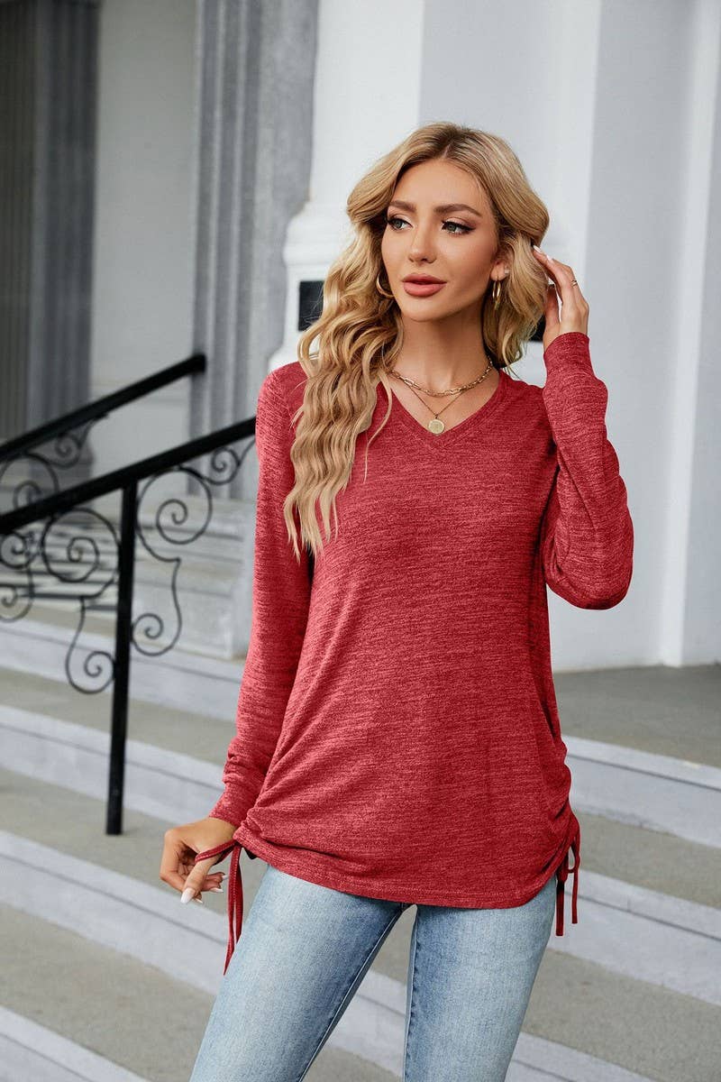 CWTBLL1845_V-NECK DRAWSTRING SOLID COLOR LOOSE T-SHIRT TOP