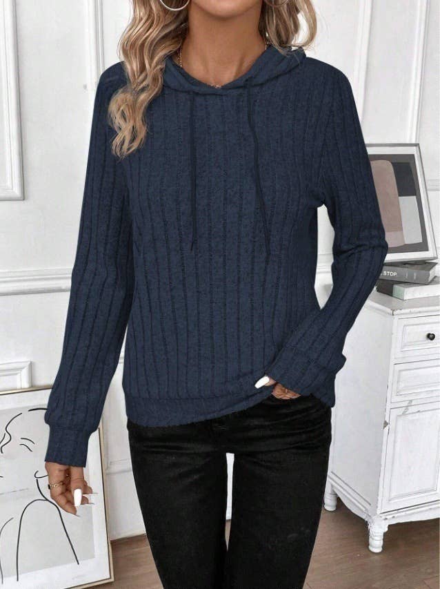 CASUAL RIBBED PULLOVER HOODED LONG-SLEEVE HOODIE