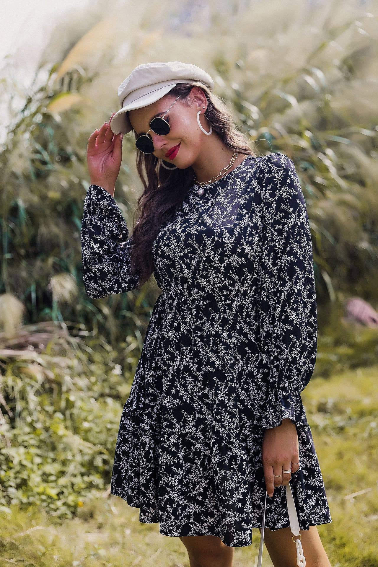 CREW NECK LONG SLEEVE PRINTED WAIST DRESS