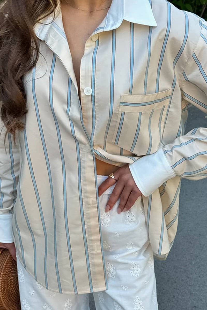CWTBLL00623_VERTICAL STRIPED CREAM CASUAL LONG-SLEEVED SHIRT