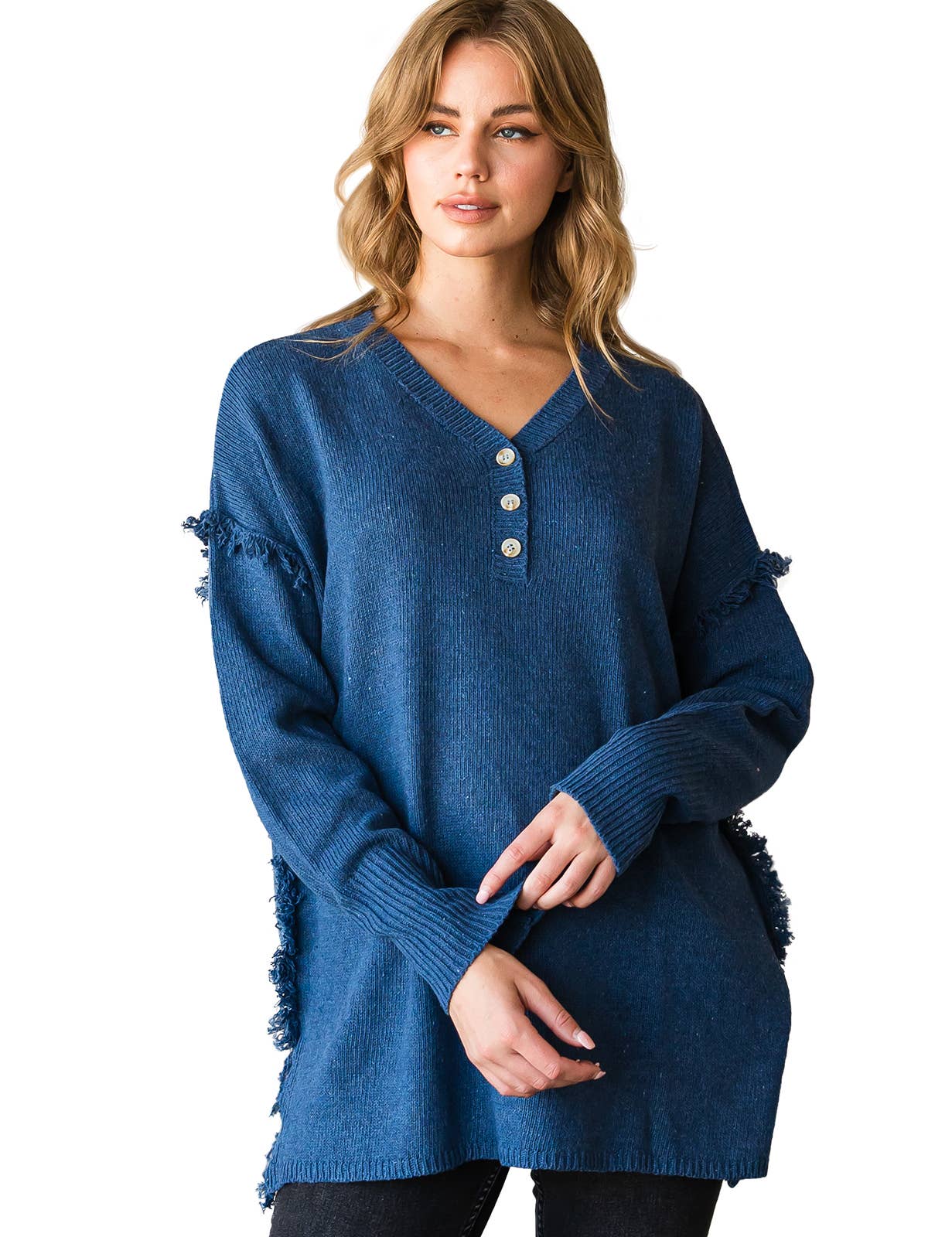 CWOSWL1832_BUTTON DOWN FRINGE SHOULDER SWEATER KNIT TOP