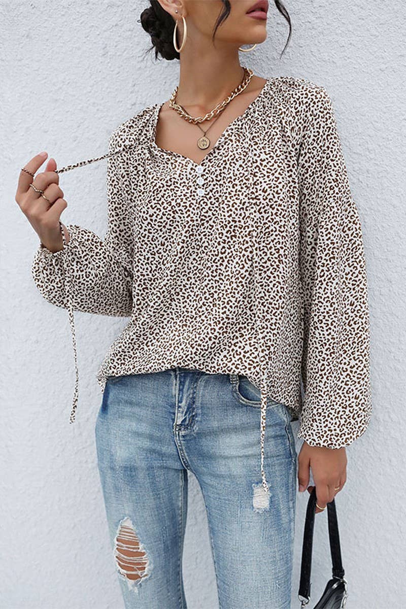 CWTBLL358_RETRO STYLISH DRAWSTRING LEOPARD PRINT V-NECK SHIR