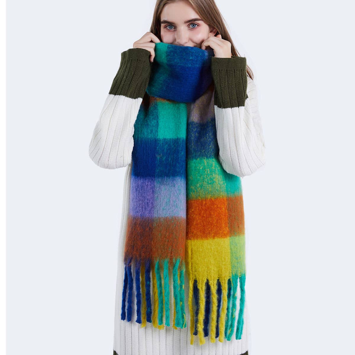 olorful Mohair Checkered Scarf - Thick Wrap_CWASC0167