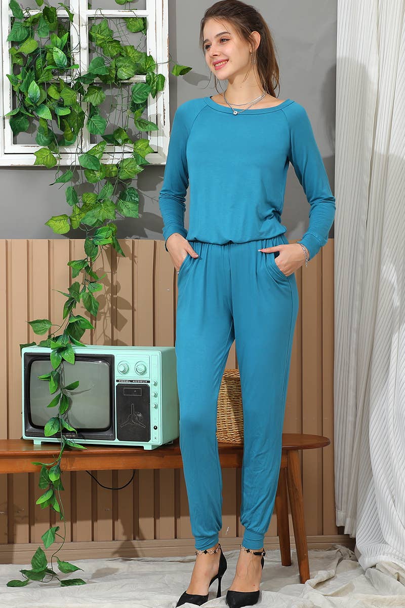 CWSJS157_LONG SLEEVE ROUND NECK CASUAL LONG PANTS JUMPSUIT