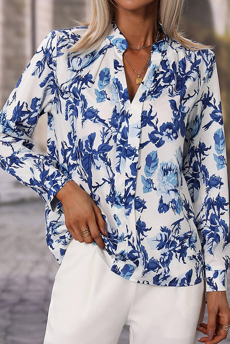 COMMUTER VINTAGE STYLE FLORAL PRINT CHIFFON SHIRT
